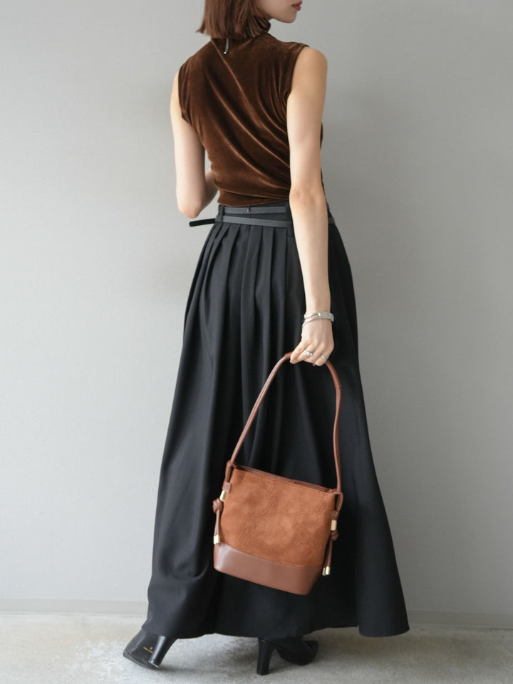 [SET]シアーベロアプチネックノースリーブトップス+エステルプリーツスリットスカート(2set)