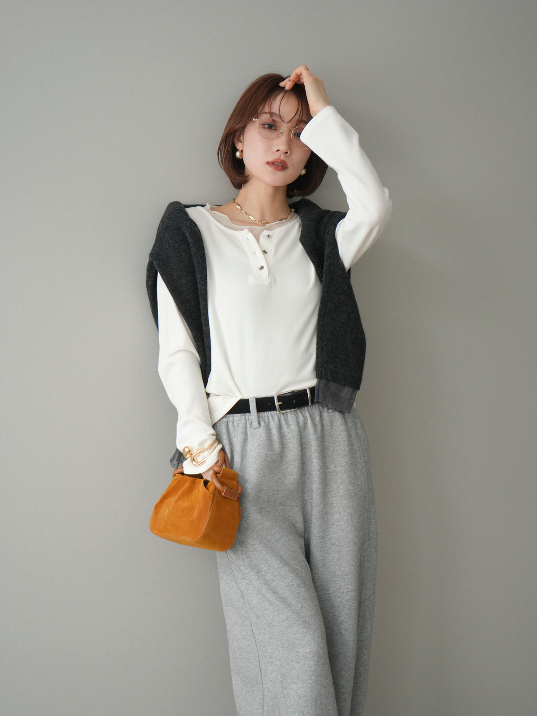 [予約]チュールレイヤードヘンリーネックカットソー/ivory