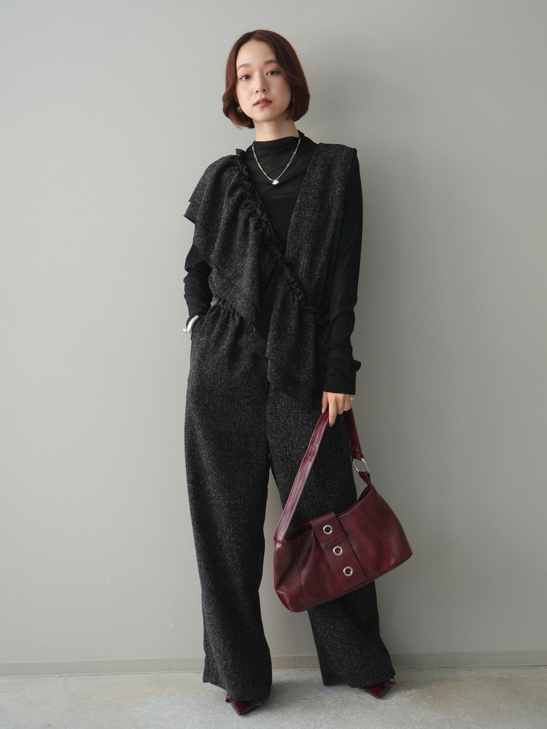 [SET]3WAYミックスツイードギャザーオールインワン+シアープチネックストレッチトップス(2set)