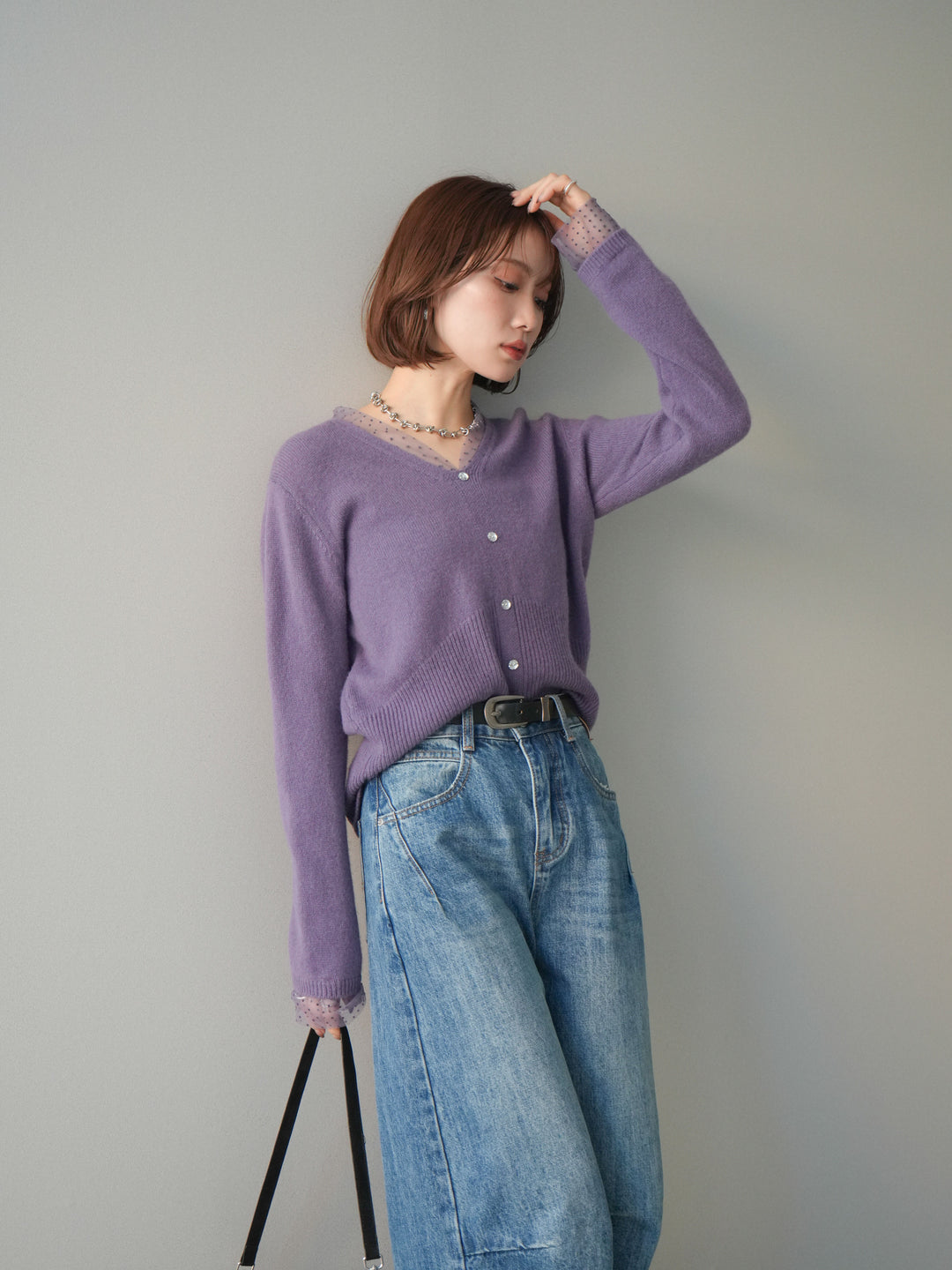 [予約]ドットチュールレイヤードボタンニットトップス/purple