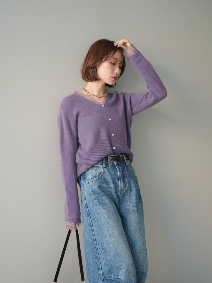[予約]ドットチュールレイヤードボタンニットトップス/purple