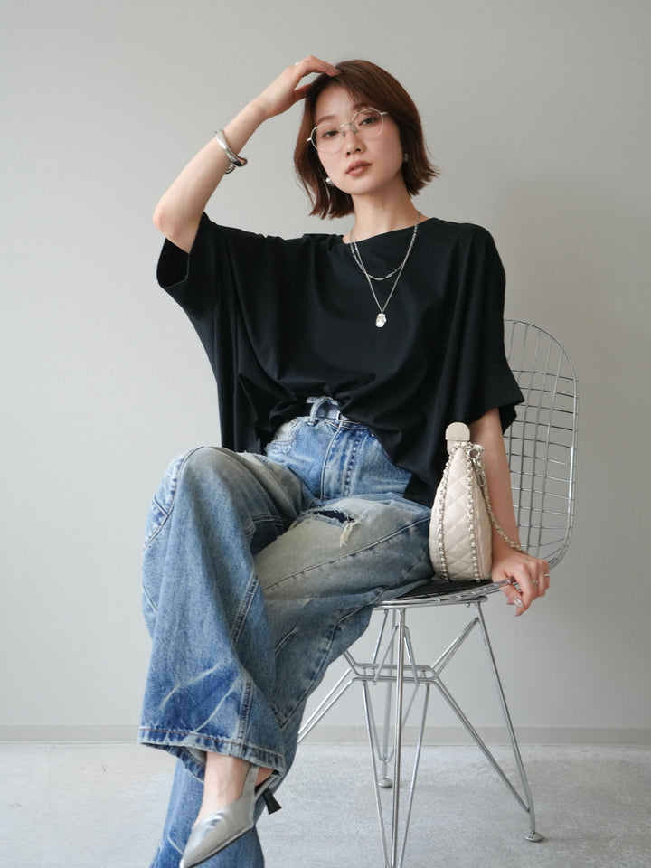 [SET]ドルマンワイドフレアトップス+ダメージカーブワイドデニムパンツ(2set)