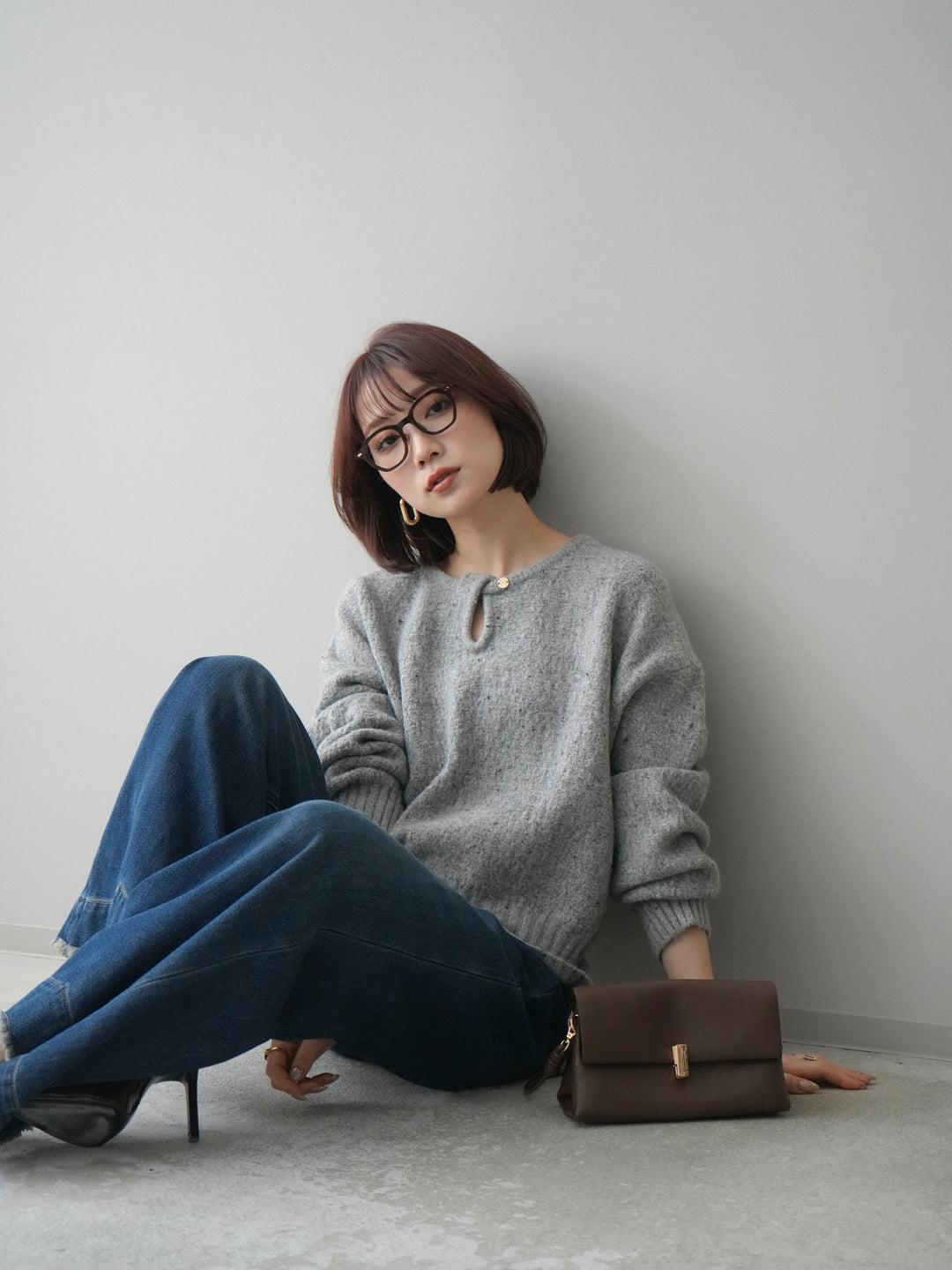 [SET]ツイストネックラメネップヤーンニットプルオーバー+選べるアクセセット(2set)