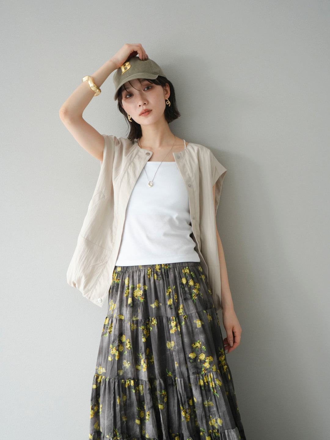 [SET]リネンライクドロストバルーンブルゾン+フラワーワッシャープリーツスカート(2set)