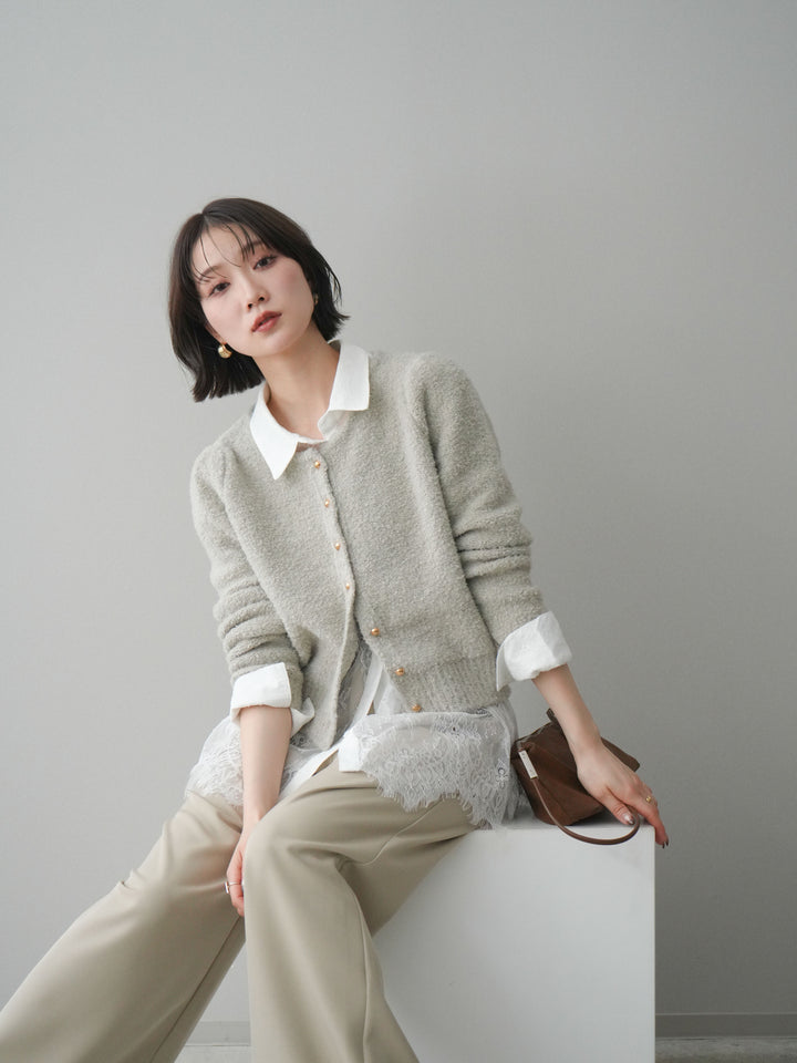 [SET]ゴールドボタンブークレニットカーディガン+総レースボリュームスリーブシャツ(2set)