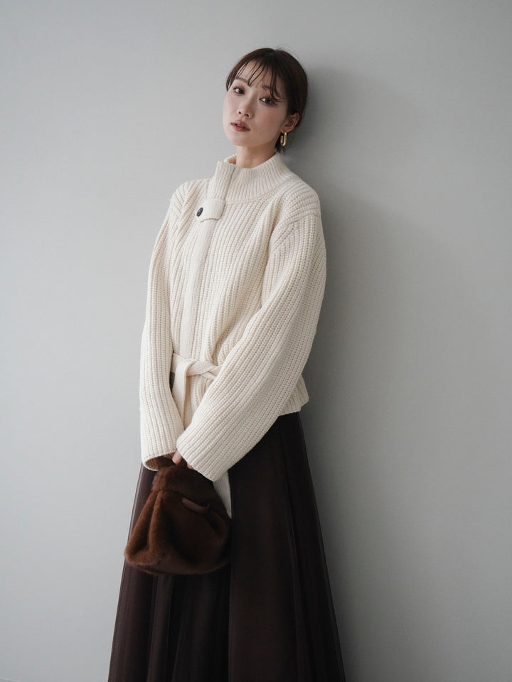[予約]畦編みボトルネックZIPニットカーディガン/white