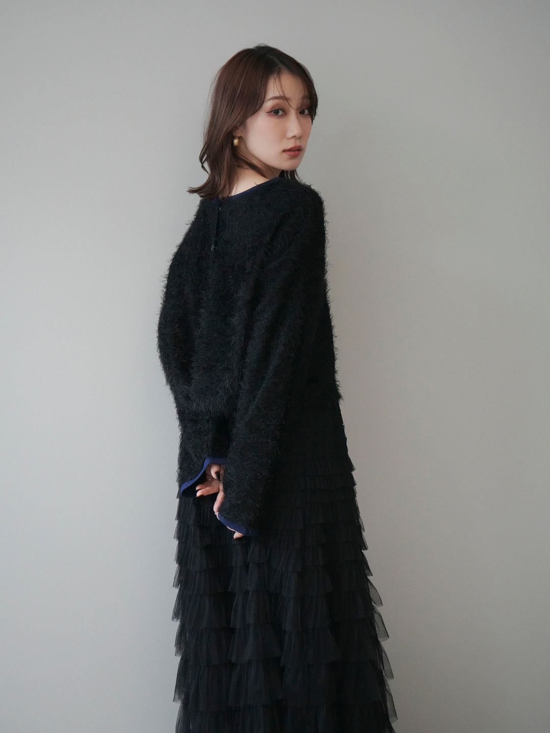 [予約]バイカラー2WAYシャギーニットカーディガン/black