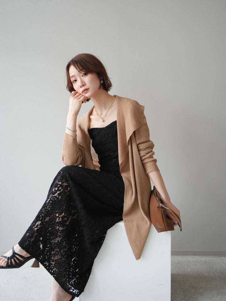 [SET]ドレープリブニットガウン+フルレースキャミ＆IラインスカートSET UP(2set)