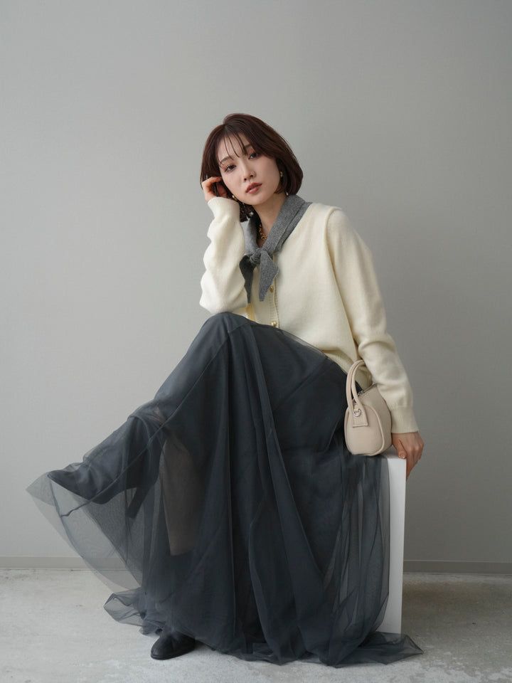 [SET]デザイン襟ニットカーディガン+チュールボリュームスカート(2set)