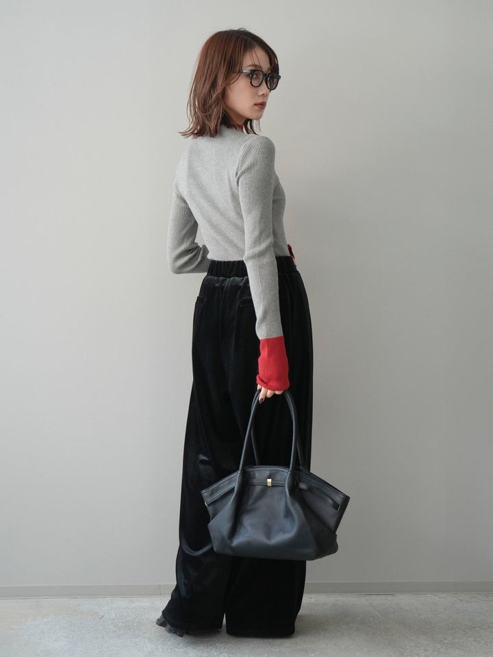 [SET]袖ボタンハイネック配色リブニットトップス+ベロアベルトスリムパンツ(2set)