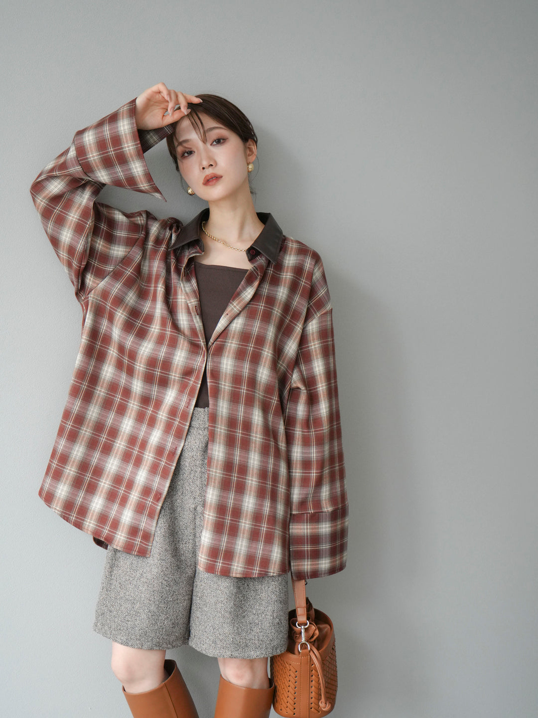 【着回しセット】[SET]レザー襟オンブレチェックオーバーシャツ +クラッシュベロアナロースカート+ツイードハーフパンツ(3set)