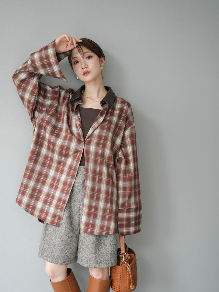 【着回しセット】[SET]レザー襟オンブレチェックオーバーシャツ +クラッシュベロアナロースカート+ツイードハーフパンツ(3set)