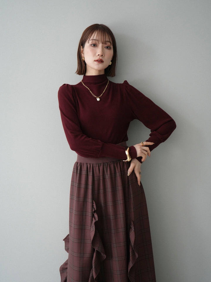 [予約]プチネックパワーショルダー起毛トップス/bordeaux