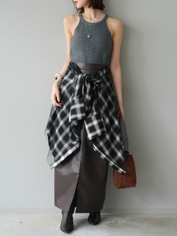 [予約]フェイクレザーフロントスリットスカート/ブラウン