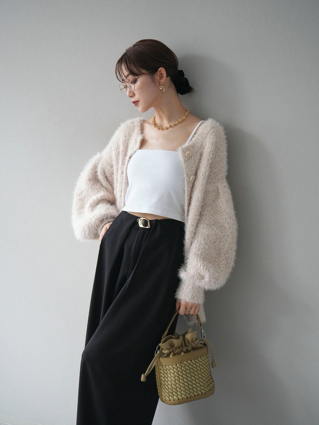 [SET]クルーネックランダムシャギーカーディガン+ベルトループデザインワイドパンツ(2set)