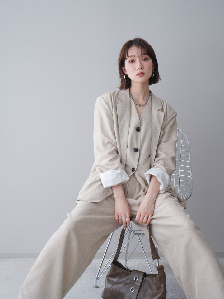 [SET]リネンライクテーラードジャケット+リネンライクバックオープンジレ+リネンライクタックワイドパンツ(3set)