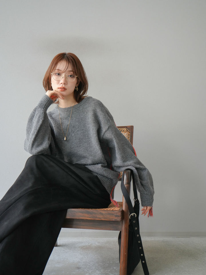 [SET]配色ステッチフリンジニットプルオーバー +スウェードタックワイドパンツ(2set)