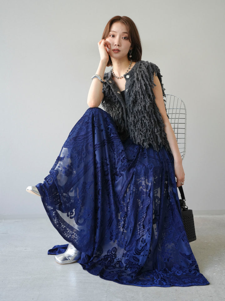 [SET]フリンジループニットベスト+アンティーク柄フロッキーマキシスカート(2set)