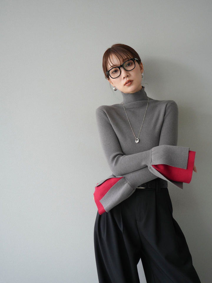 [SET] 疊層喇叭袖高領針織上衣 + 雙褶寬褲 (2 套)