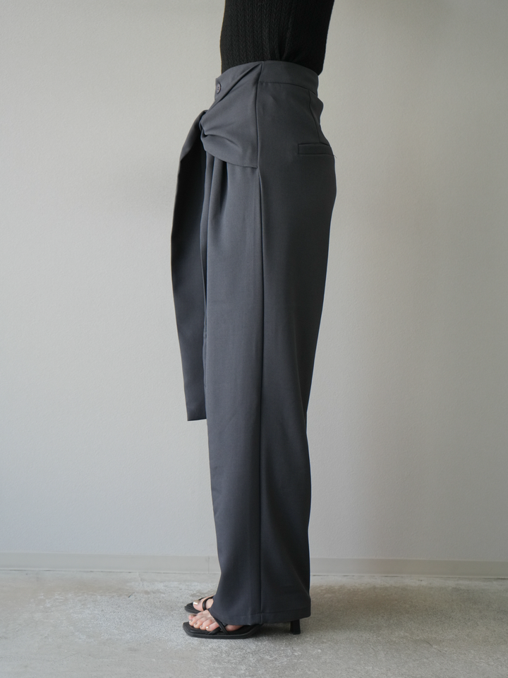 [SET]リネンタッチ配色二重臼ハーフニットトップス+ウエスト巻きデザインワイドパンツ(2set)