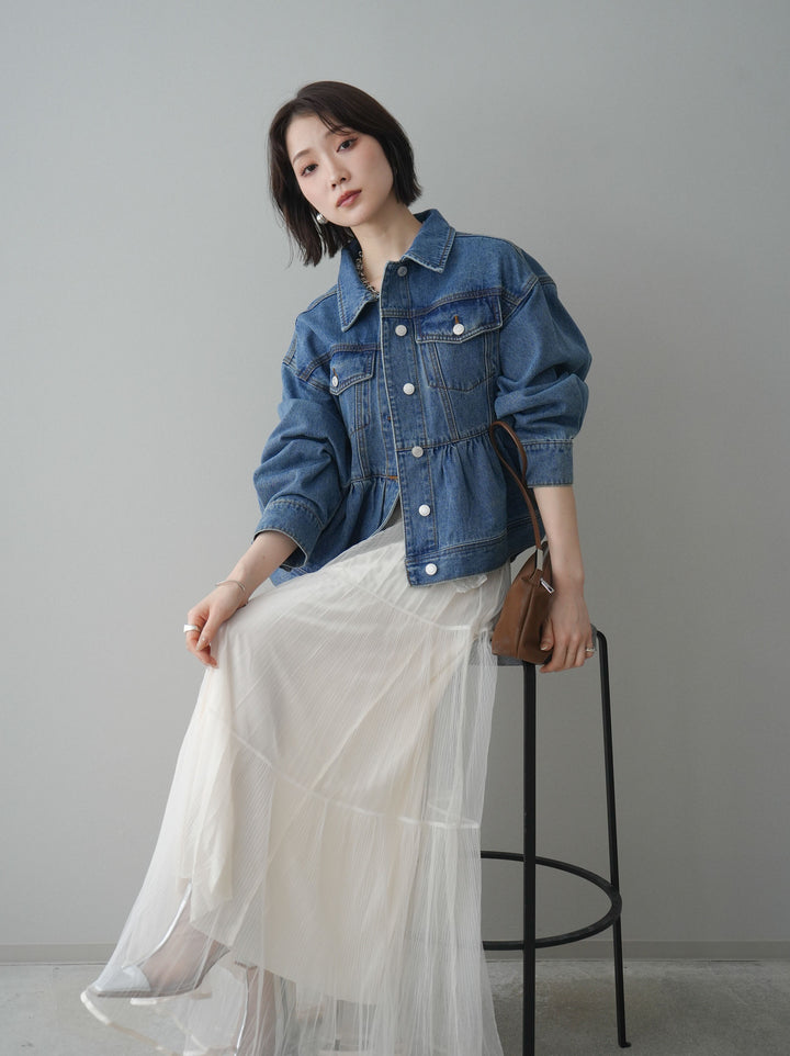 【套裝】荷葉邊牛仔外套+無袖緞面蕾絲吊帶背心+亮片褶皺多層薄紗長裙（三件套）