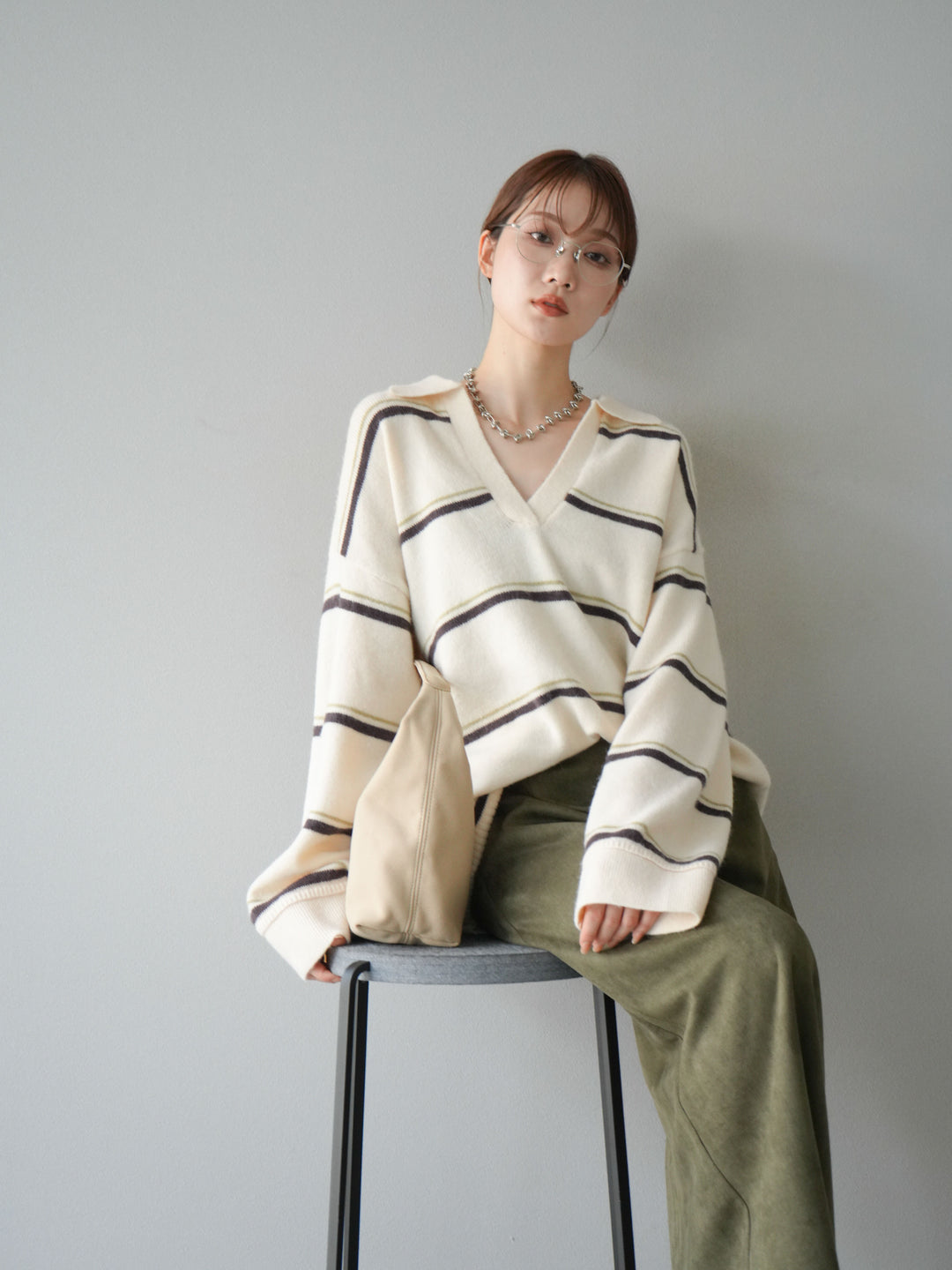 [SET]ポロ襟スキッパーボーダーニットプルオーバー+スウェードIラインスカート(2set)