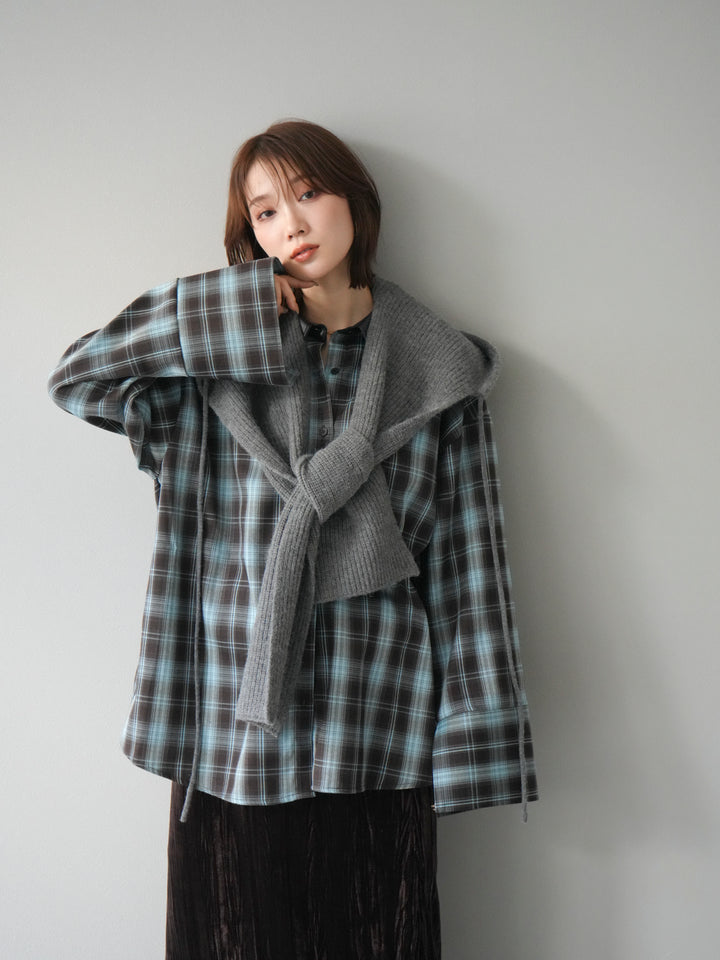 [SET]レザー襟オンブレチェックオーバーシャツ +クラッシュベロアナロースカート(2set)