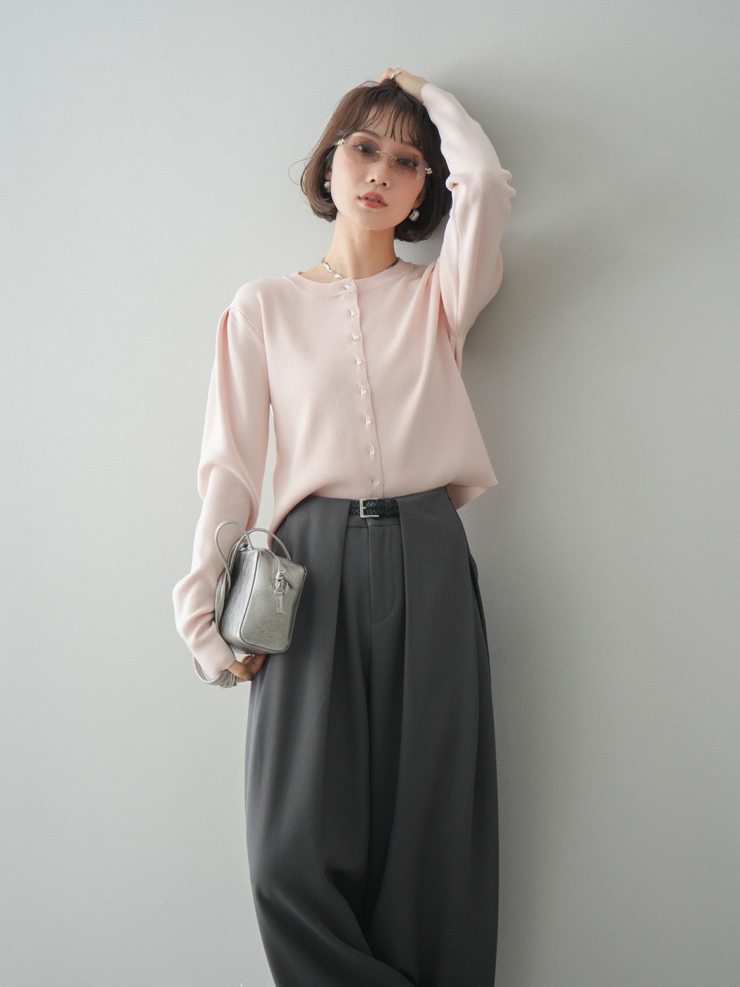 [SET]クリアボタンタックニットカーディガン+ベルトループデザインワイドパンツ(2set)