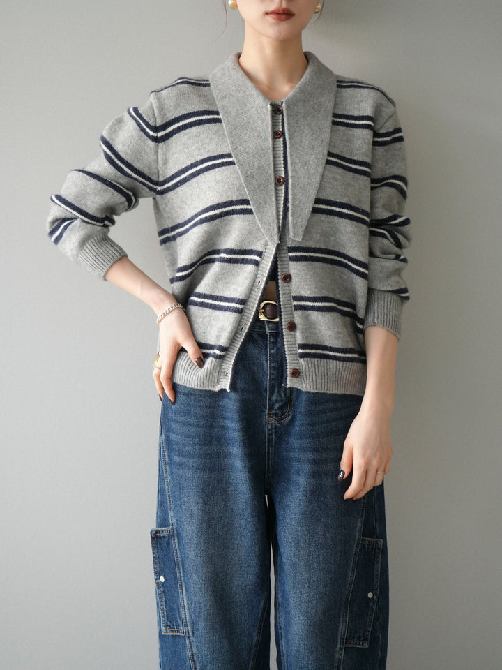 [予約]ボウタイボーダーニットカーディガン/gray