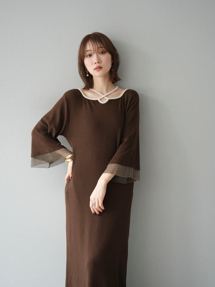 [予約]デザインネックラメシアー切替ニットワンピース/ブラウン