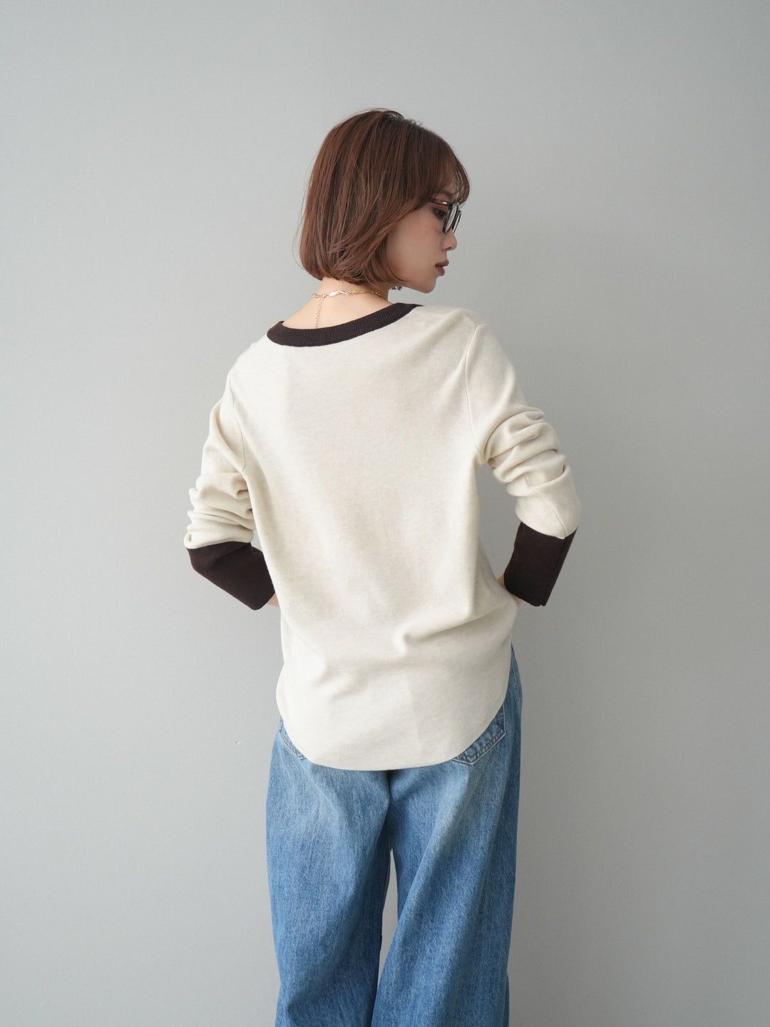 [予約]ヘンリーネック配色ニットソー/beige