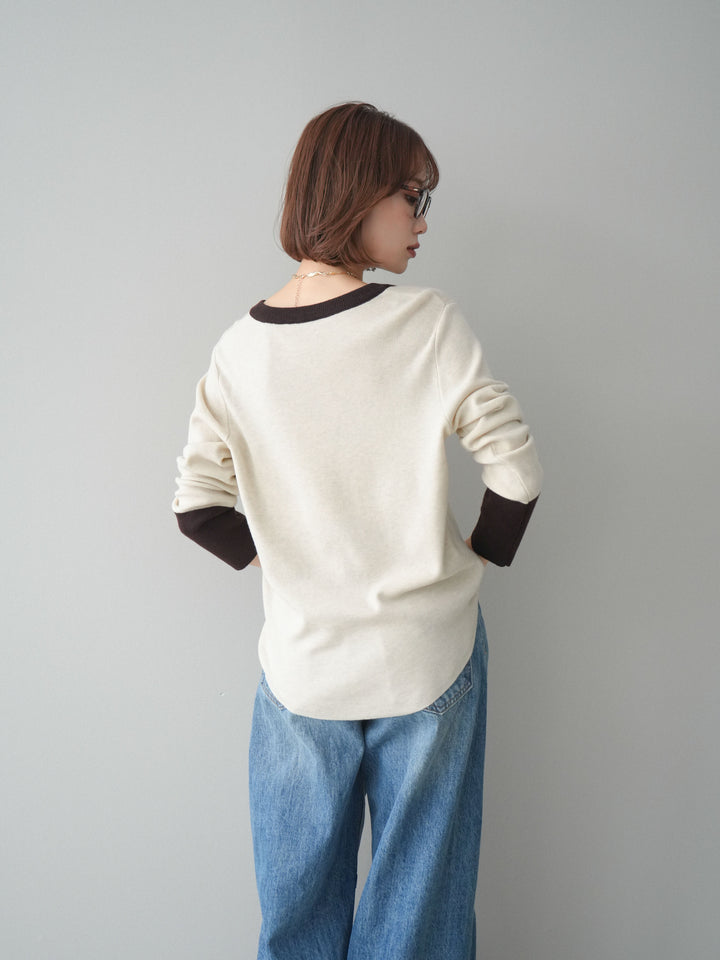 [予約]ヘンリーネック配色ニットソー/beige
