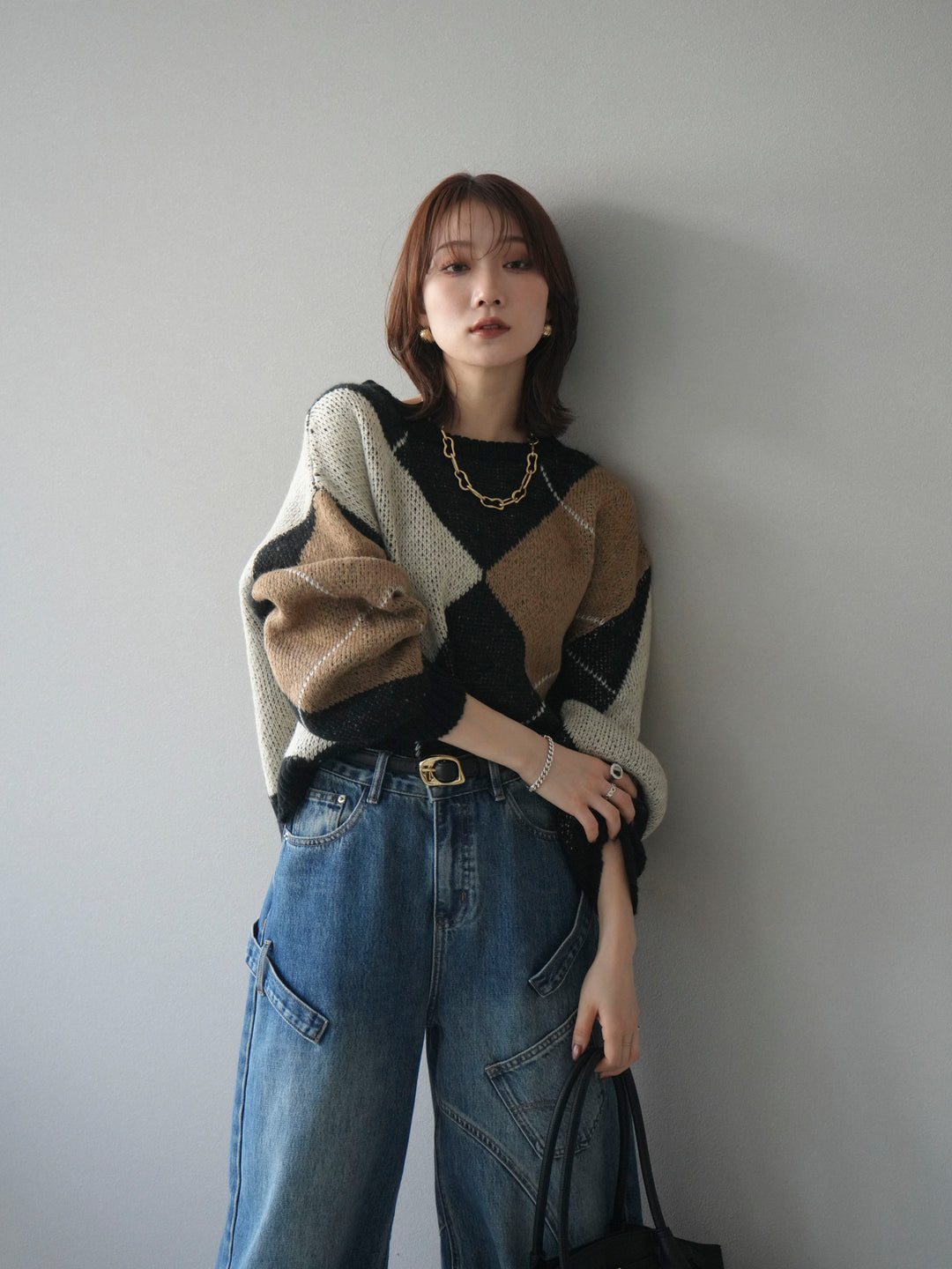 [SET]配色ステッチアーガイル柄ニットプルオーバー+選べるアクセセット(2set)