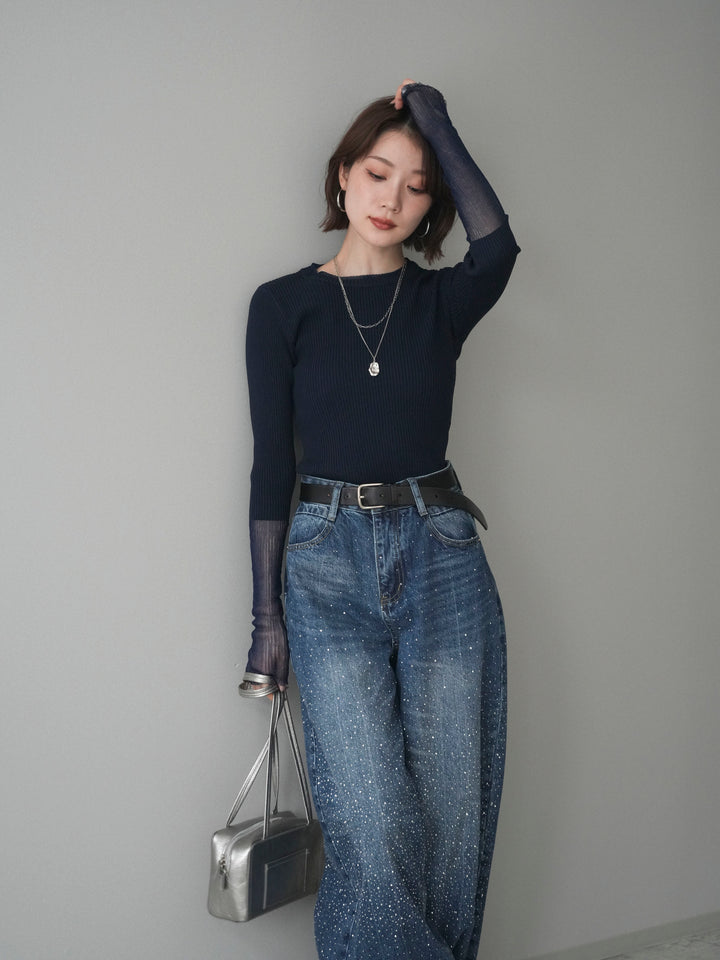 [SET]リブラメシアー切替リブニットトップス+ラインストーンカーブデニムパンツ(2set)