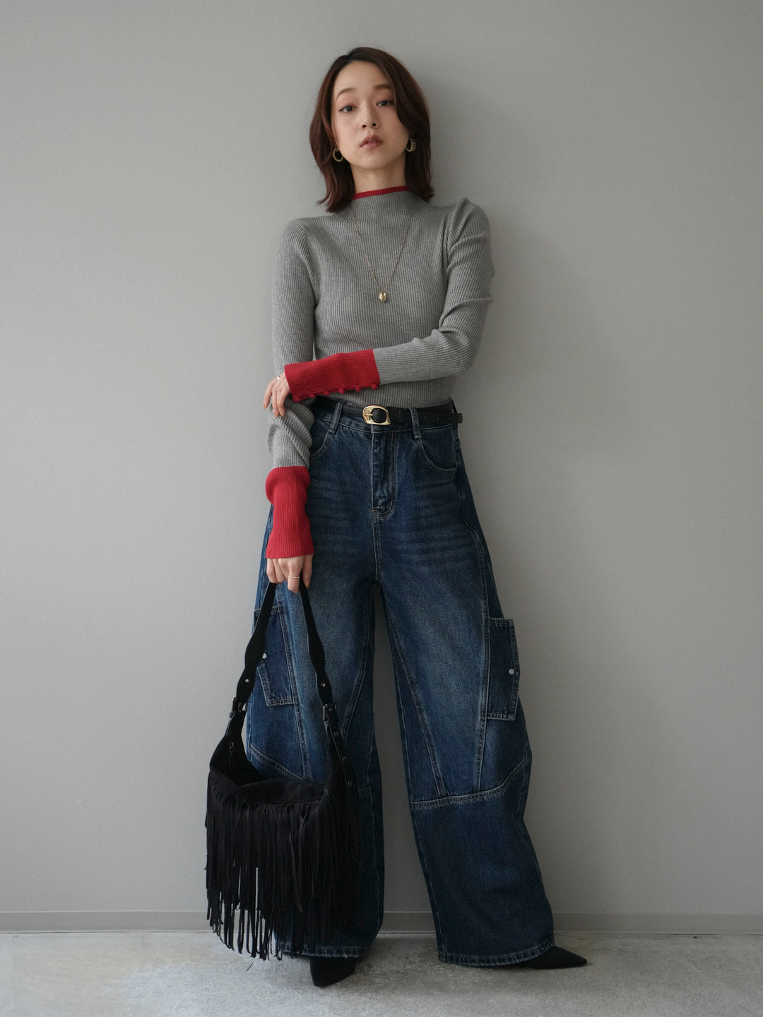 [予約]袖ボタンハイネック配色リブニットトップス/gray