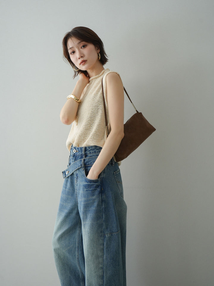 【套裝】無袖亞麻質感透視針織套頭衫 + 不對稱闊腿牛仔褲（兩件套）
