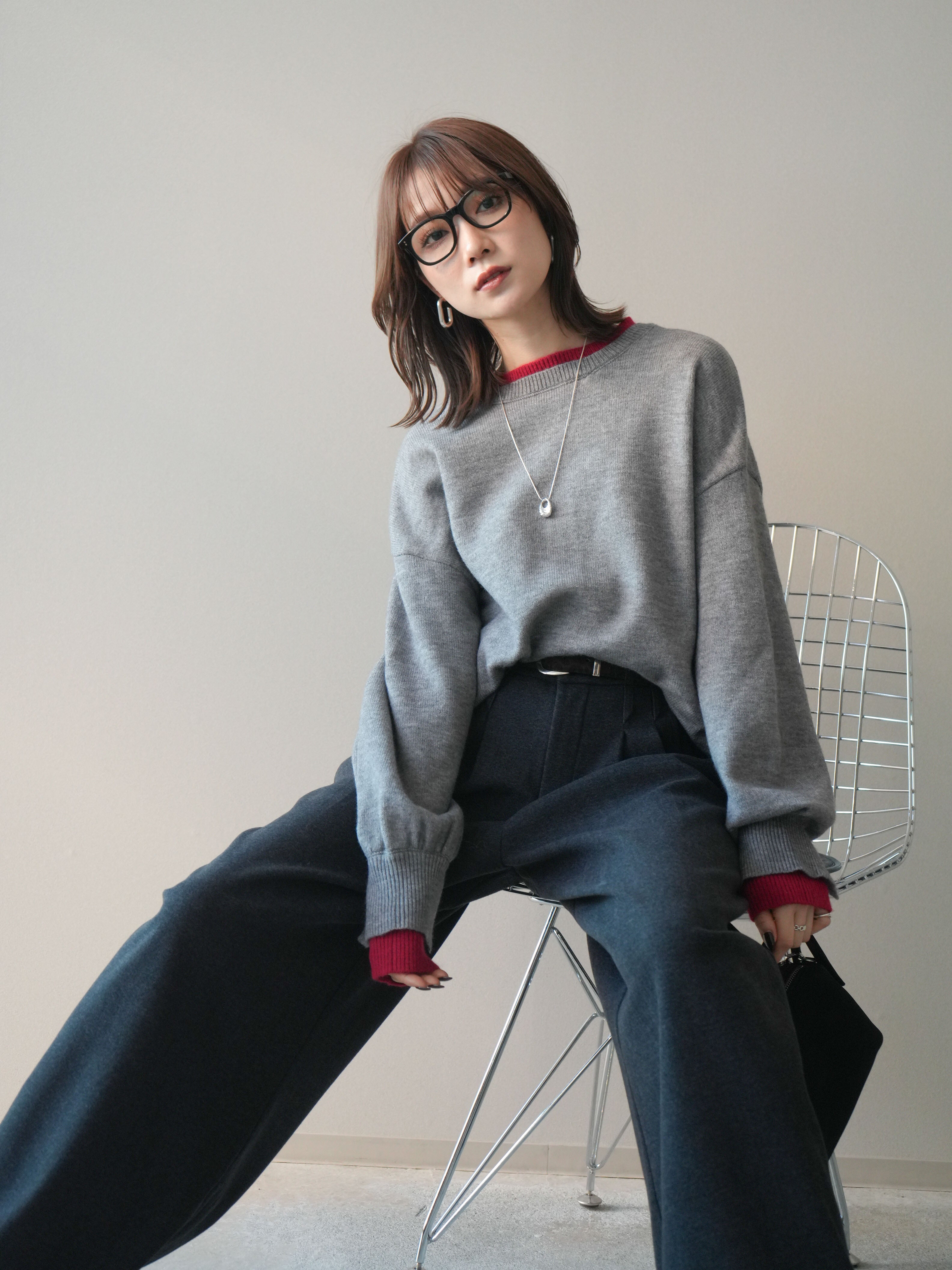 予約]ヘンリーネック配色レイヤードニットプルオーバー/middlegray