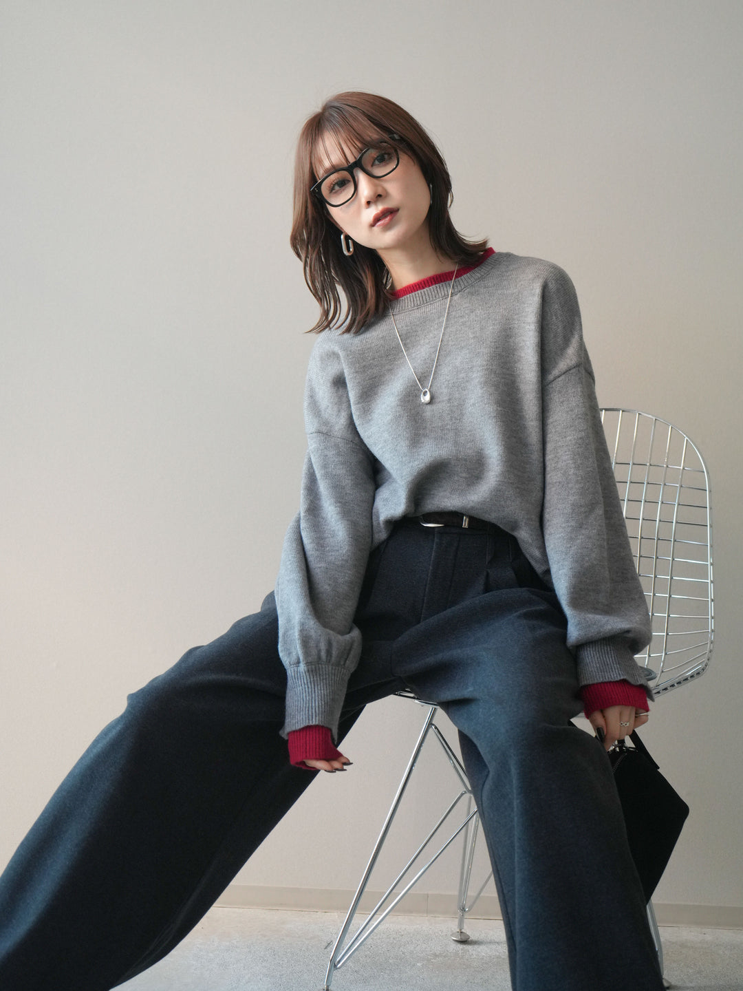 [予約]ヘンリーネック配色レイヤードニットプルオーバー/middlegray