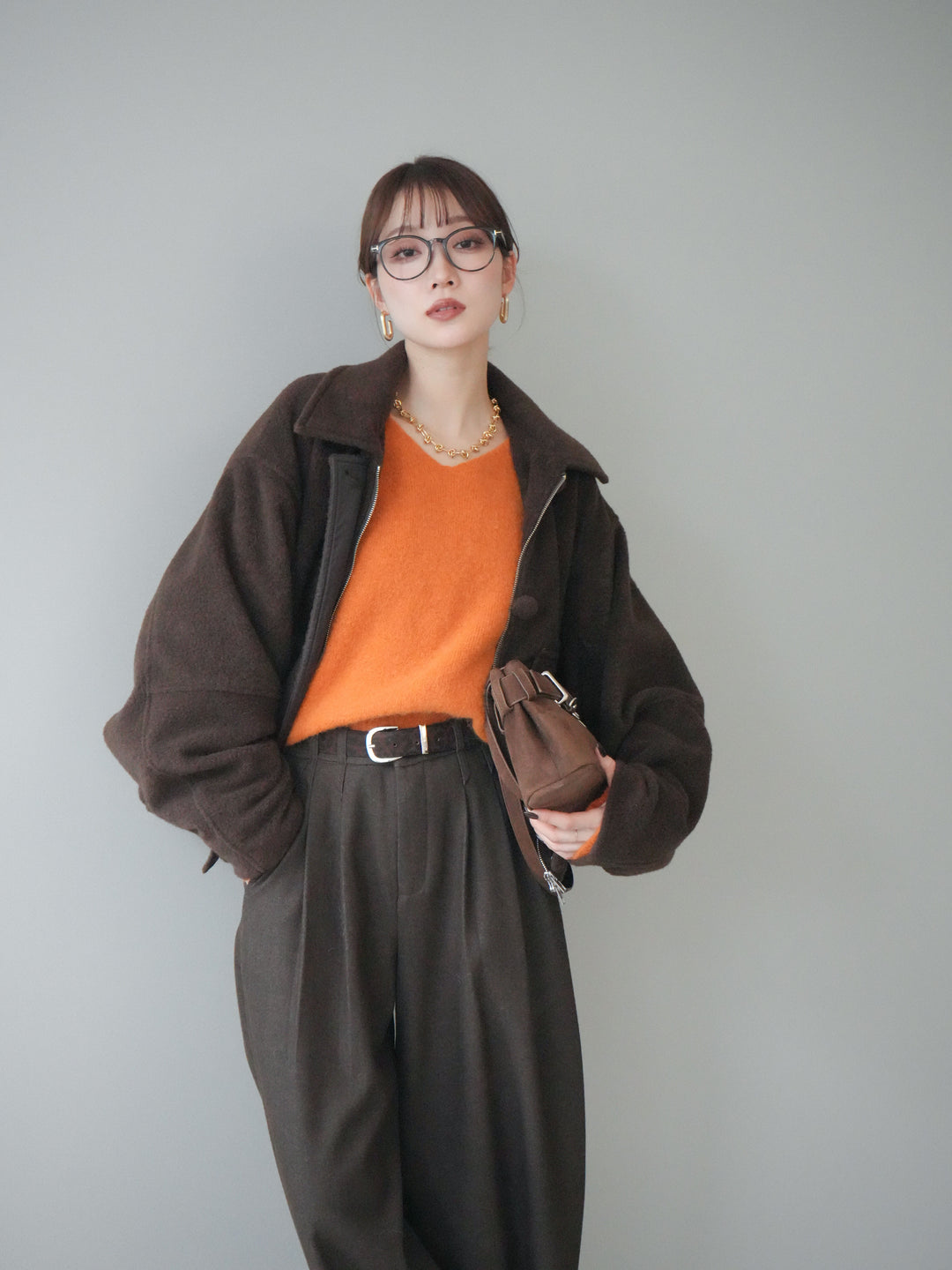 [SET]ウールライクフライトジャケット+シュシュ付きアンゴラタッチVネックニットプルオーバー+アニマル柄ベルト付きウールタッチワイドパンツ(3set)