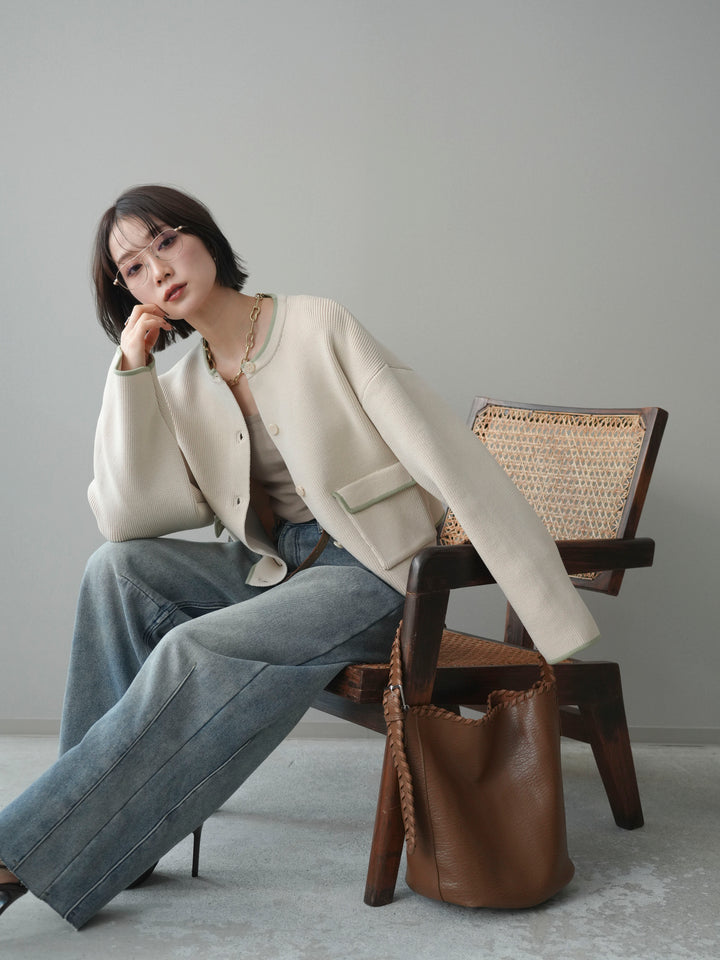 [SET]ポリエステル配色ニットカーディガン+裏起毛カットオフカーブデニムパンツ(2set)