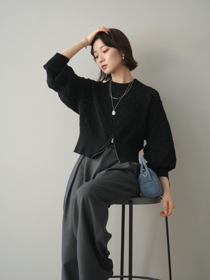 [予約]透かし編みフロントジップスリットニットプルオーバー/black