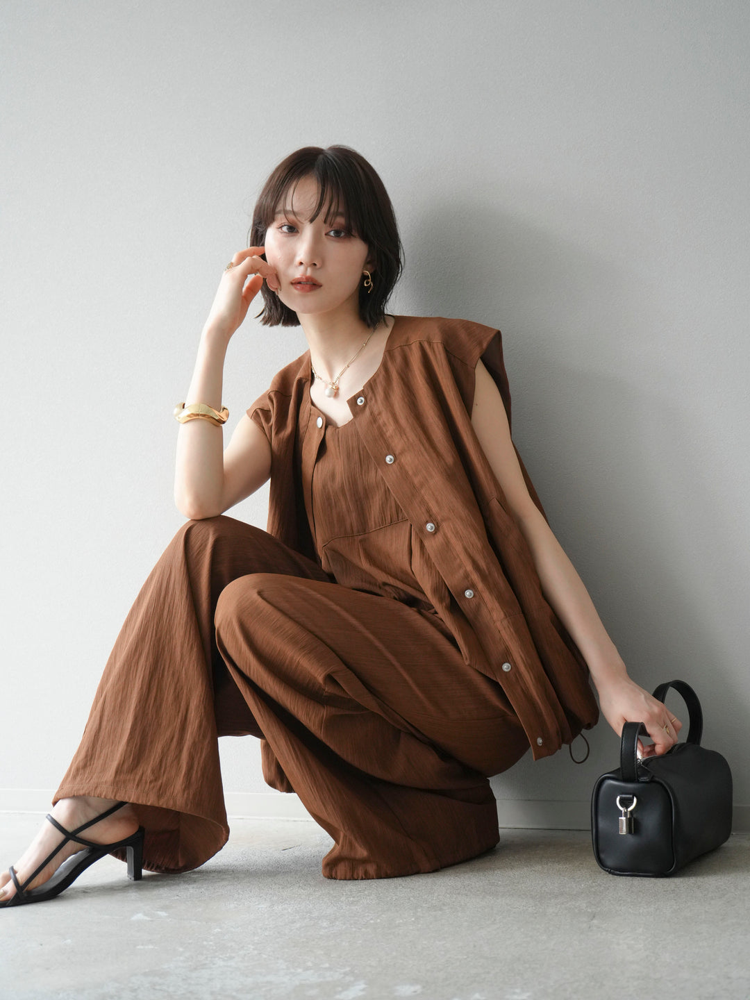 [SET]リネンライクビスチェデザインサロペット+リネンライクドロストバルーンブルゾン(2set)