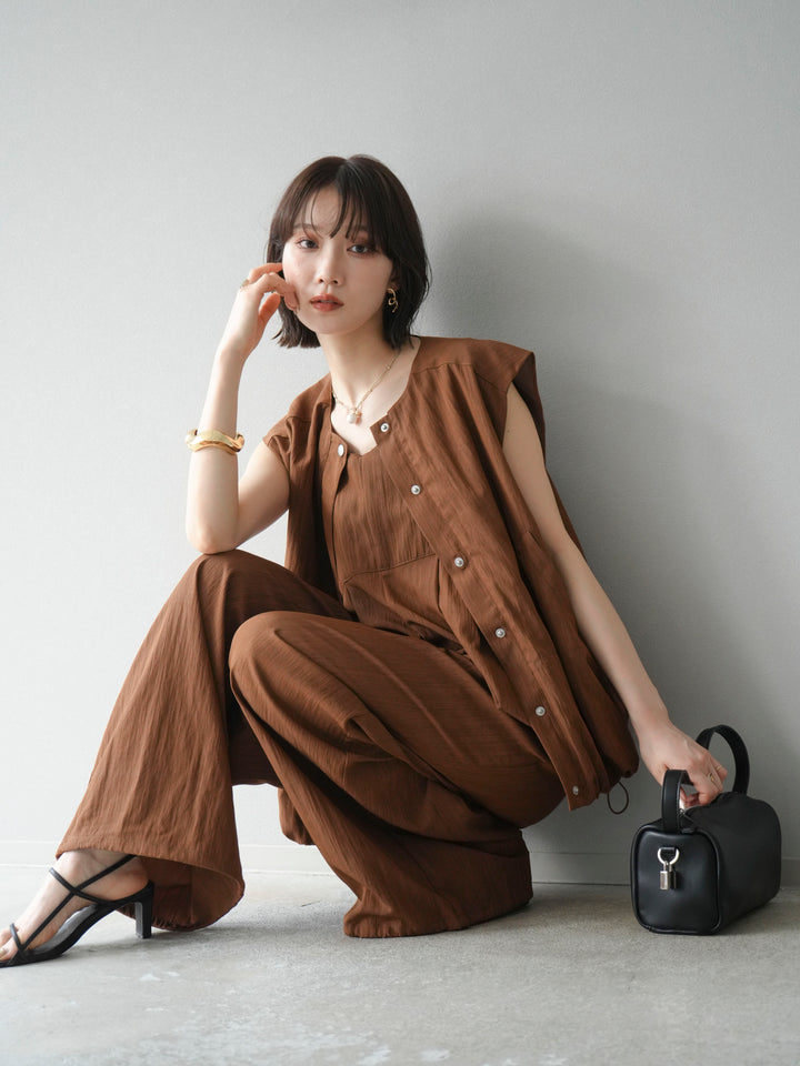 [SET]リネンライクビスチェデザインサロペット+リネンライクドロストバルーンブルゾン(2set)