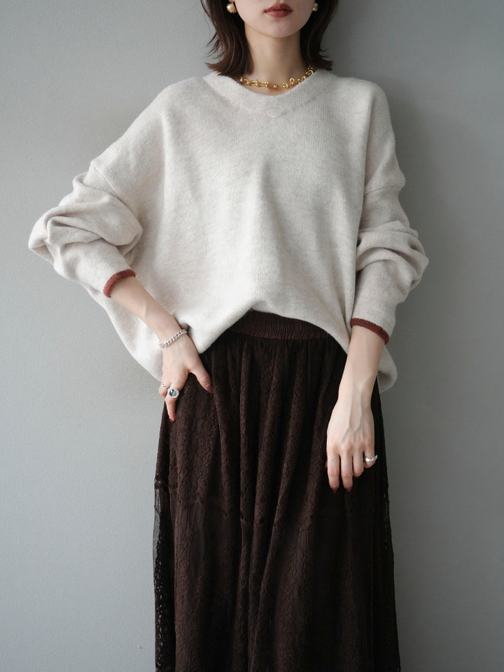 [SET]Vネック配色スリーブニットプルオーバー+選べるアクセセット(2set)