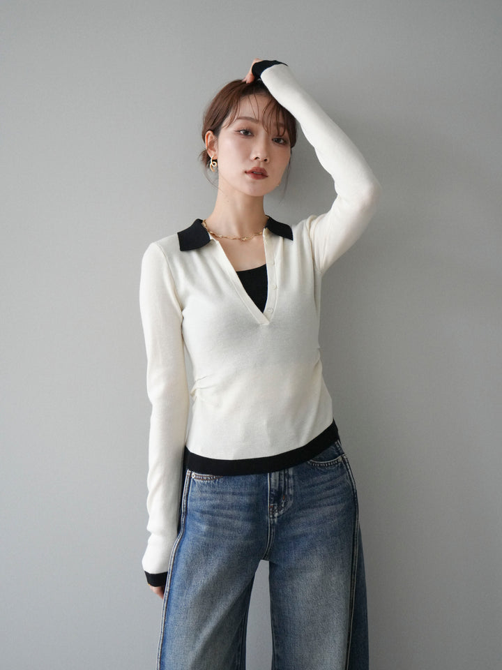 [予約]レイヤード配色ポロニットトップス/beige