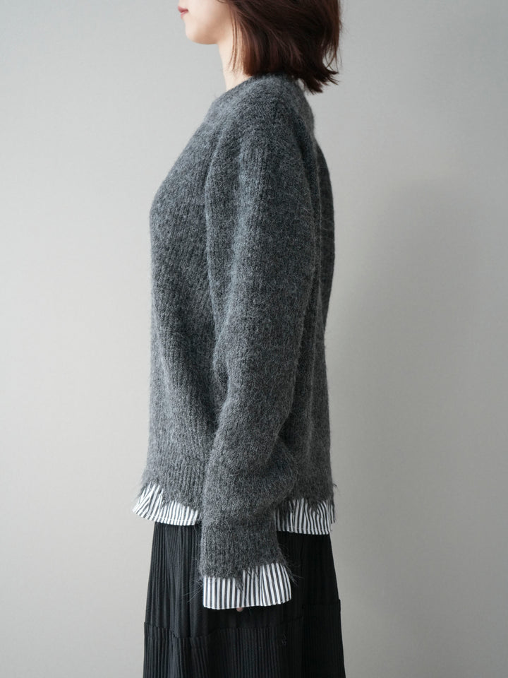 [予約]裾シャツレイヤードダメージニットプルオーバー/darkgrey