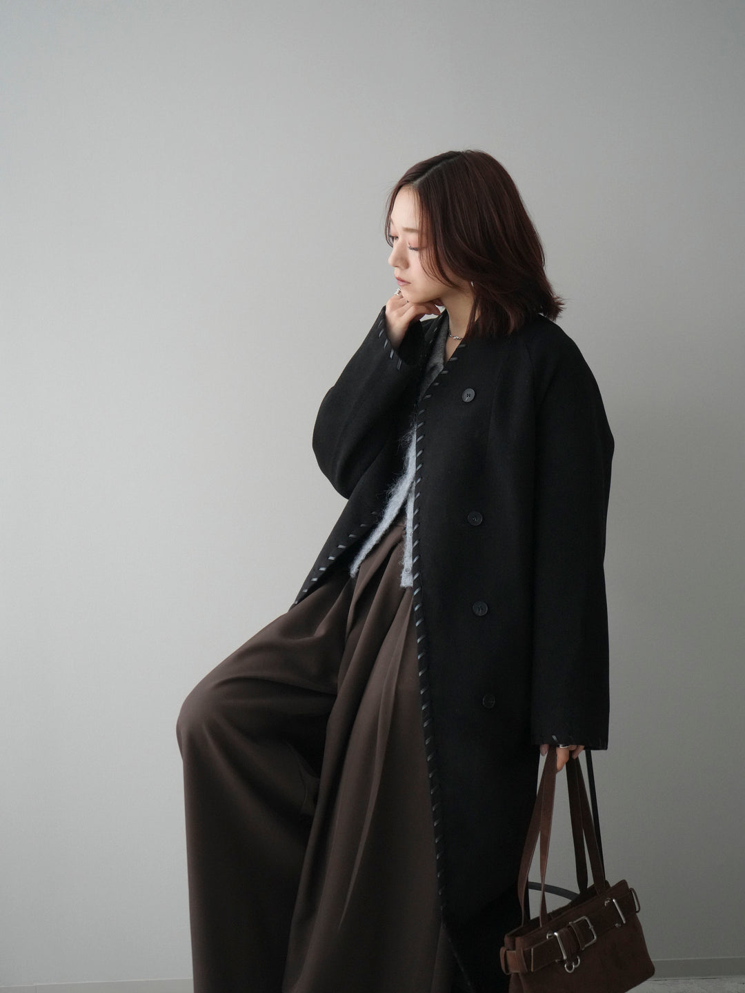 [SET]ハンドステッチ裏中綿ロングコート+モヘア衿付きボタンプルオーバー(2set)