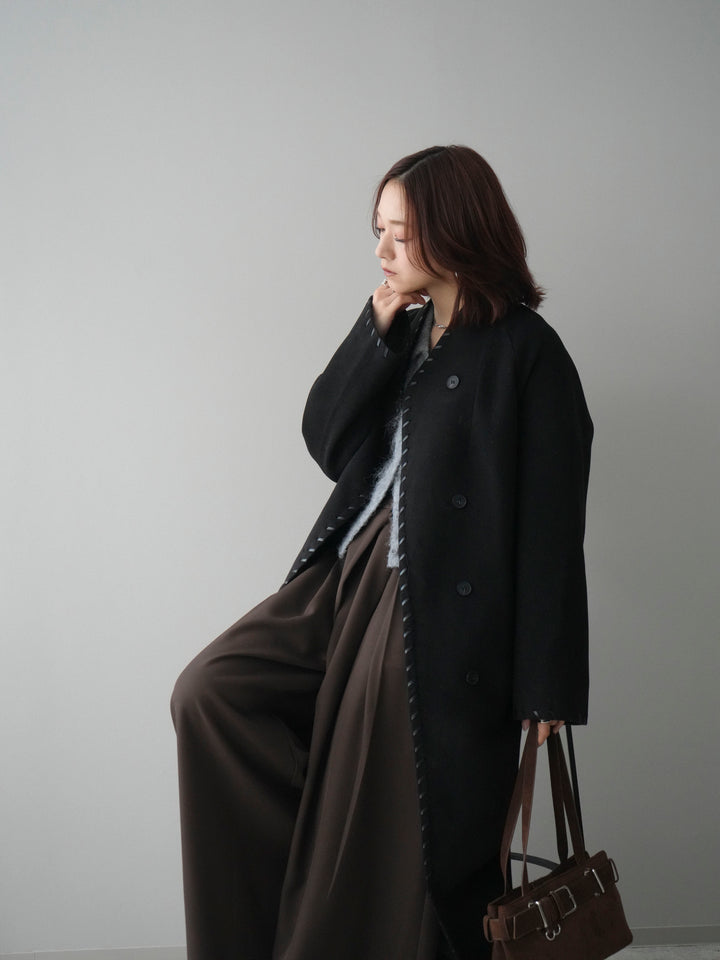 [SET]ハンドステッチ裏中綿ロングコート+モヘア衿付きボタンプルオーバー(2set)