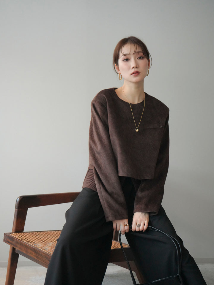 [予約]リブニットレイヤードスエードプルオーバー/brown