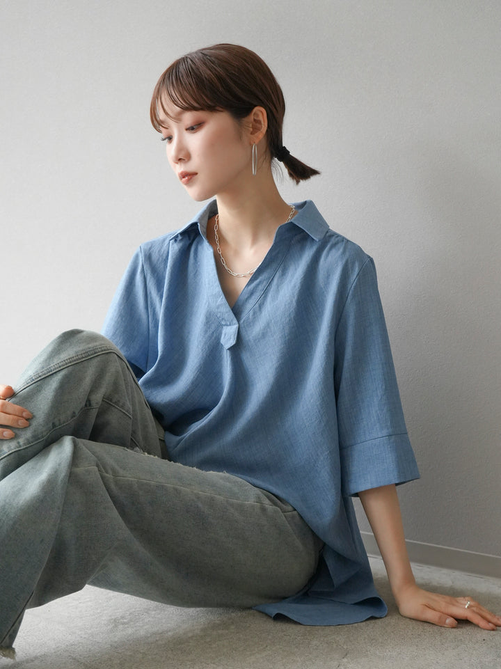 [Pre-order] Linen-touch half-sleeve skipper shirt/blue